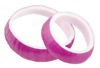 Flying Red onion rings isolated on white.  Levitating onion rings in the air. Sweet onion top view
