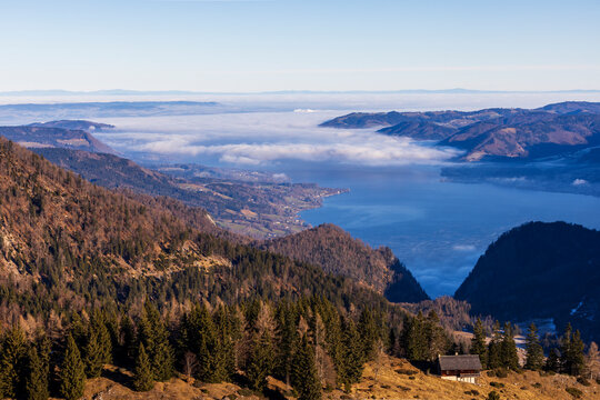 Attersee lake and Vormaueralm in Osterhorngruppe with cloud inversion