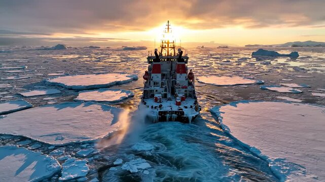 An icebreaker ship navigates through melting ice in the Arctic during a polar expedition. The sun sets over the frozen sea, highlighting climate change effects.