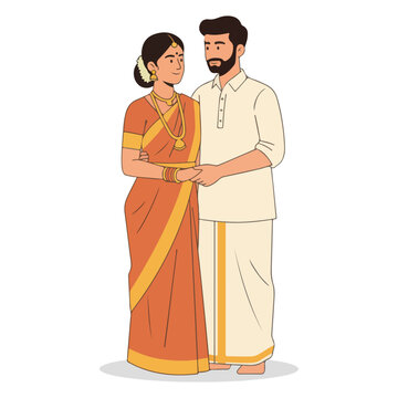 Loving South Indian Couple in Traditional Wedding Attire Illustration