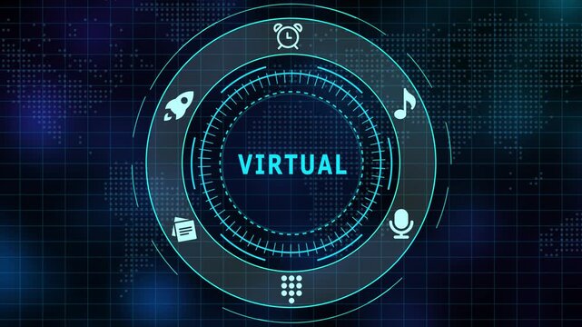 Virtual technology interface with circular futuristic HUD display, immersive digital icons and modern simulation design.