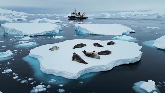 A group of seals resting on an ice floe in the Arctic. An icebreaker ship is visible in the background, navigating through melting ice in the frozen sea.