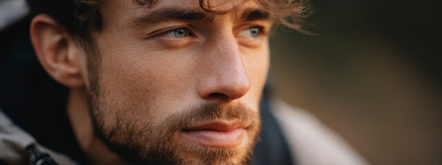 Obraz premium Thoughtful Man with Beard and Freckles Gazes into the Distance Dreamily