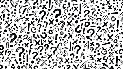 Fototapeta premium Dense black and white pattern of hand drawn question marks, exclamation points, arrows, and crosses on a plain white background.