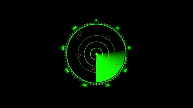 Green neon radar screen scanning interface animation on alpha cannel background 4K resolution.