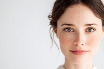 Fototapeta premium Studio half-face portrait of a woman with clean white backdrop and text area