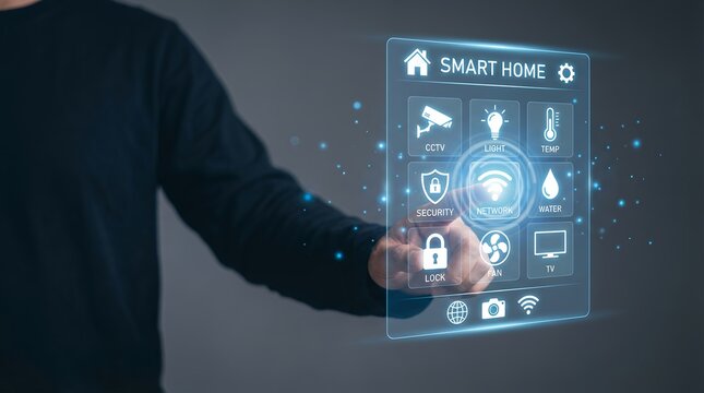 Person's hand interacting with a futuristic transparent interface displaying smart home control icons including network security and climate technology automation digital