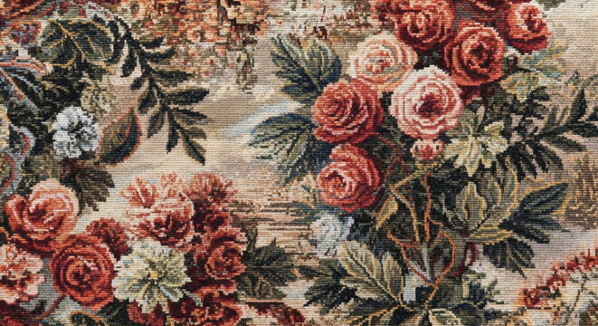 Exquisite Vintage Floral Tapestry with Roses and Botanical Elements