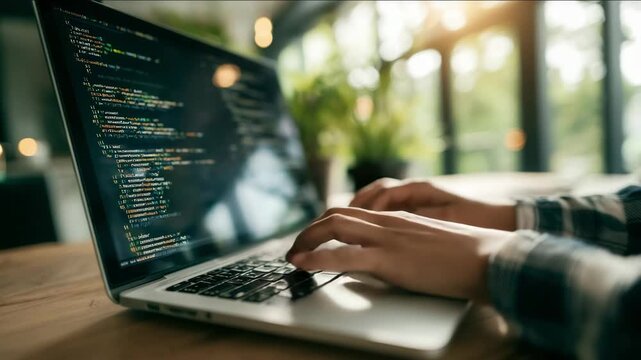 Young adult coding on a laptop with code editor on screen, casual home office setting, concept of remote learning.