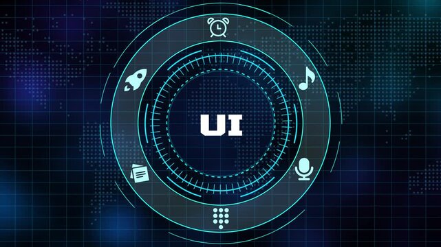 Futuristic UI dashboard interface with circular digital control panel, media icons and modern user experience technology design.