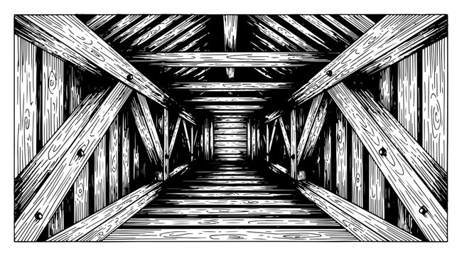 Perspective view inside a wooden covered bridge or barn interior in detailed woodcut engraving style