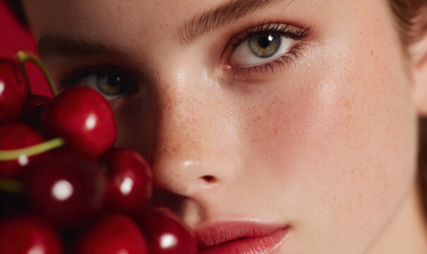 Alluring Beauty: Portrait of Woman with Freckles Holding Fresh Cherries