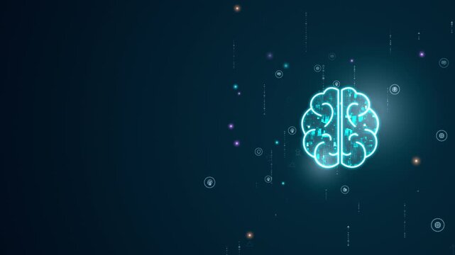 Motion graphic of a glowing digital brain icon in a futuristic interface, representing artificial intelligence, neural networks, and advanced data technology for innovation and business use.