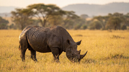 Obraz premium Rhinoceros Grazing in the Tall Grass During Golden Hour