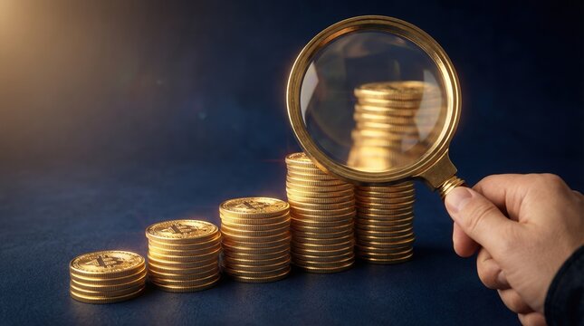 Close-Up of Hand Holding Magnifying Glass over Stacks of Coins