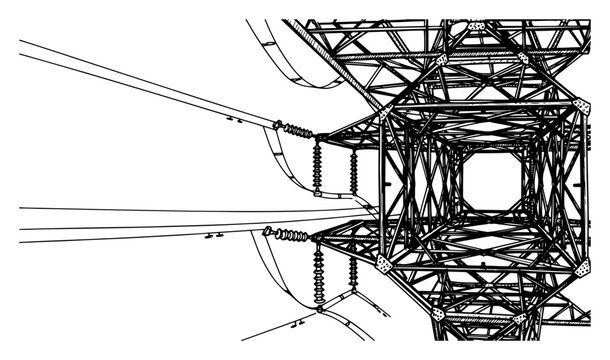 Low angle perspective of high voltage electricity tower pylon in vintage engraving style