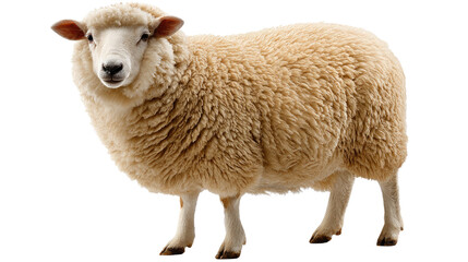 Golden Fleece's Gentle Gaze: A close-up portrait of a fluffy sheep, its creamy wool catching the light, stands calmly, its eyes open and showing trust and gentleness.