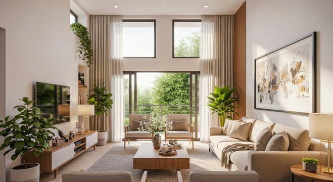 Modern living room with large windows featuring automatic roller blinds, solar shades. Wood decor panels complement modern style