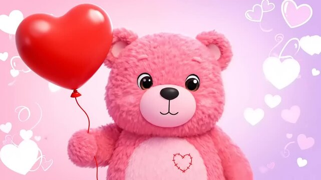 Cute Pink Teddy Bear Holding a Red Heart Balloon with Hearts Background.