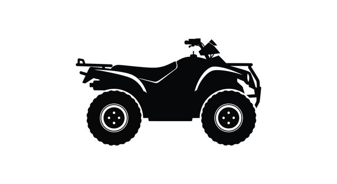 A stark black silhouette depicts a four wheeled all terrain vehicle or atv in a side profile view high quality