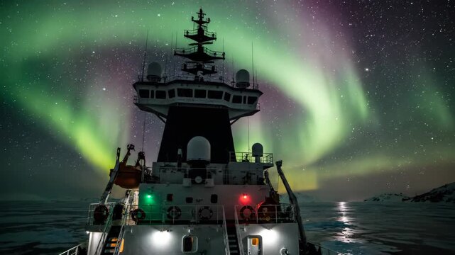 An icebreaker ship navigates through the frozen Arctic sea under the Northern Lights. The scene highlights climate change and scientific research in extreme weather conditions.