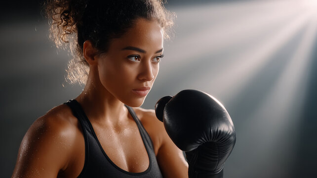 Hyper-realistic woman with athletic build shadowboxing in a dark gym, wearing black boxing gloves, illuminated by dramatic lighting from above