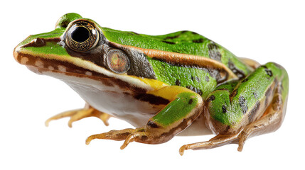 Fototapeta premium Vibrant Frog Portrait: A captivating close-up of a green frog, showcasing its detailed skin, prominent eyes, and the unique beauty of amphibian life.