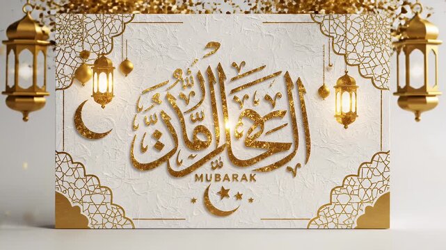 Golden Eid Mubarak calligraphy card with lanterns and falling confetti