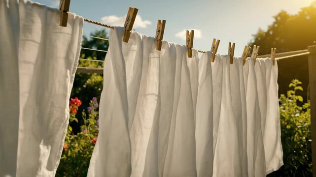 White laundry hanging on clothesline with clothespins in sunny garden during a breezy day