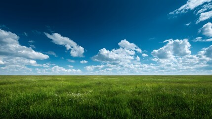 Fototapeta premium Vast Green Meadow Under a Dramatic Blue Sky with Fluffy White Clouds.