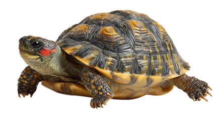 Fototapeta premium The Box Turtle's Journey: A captivating box turtle, its intricate shell a mosaic of colors, stands poised, exuding a sense of ancient wisdom and resilience.