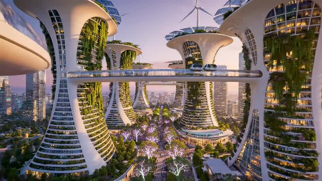Solar Punk Eco City With Vertical Gardens And Maglev Sky Transport At Sunset Imagining A Clean Net Zero Metropolis In 2050