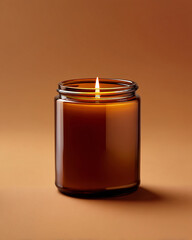 Unlabeled amber candle jar on warm neutral background with copy space for branding