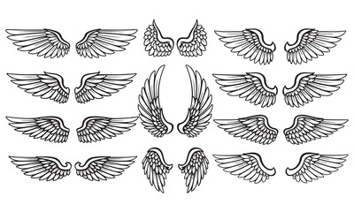 Black and White Wings Vector Set and Ink Brush Textures &ndash; Feather Illustrations and Abstract Grunge Elements