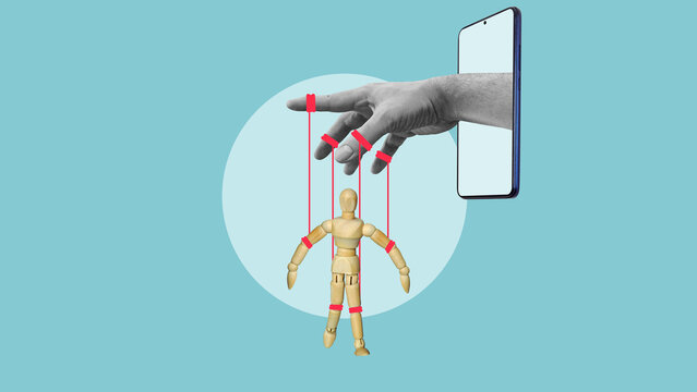 Digital Manipulation and Online Control Concept, Human Hand Controlling Wooden Puppet Through Smartphone, Social Media Addiction, Dopamine Loop and Algorithm Influence