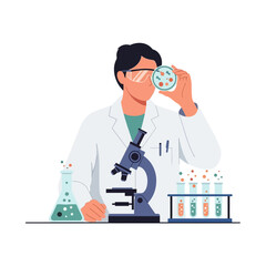 Scientist examining petri dish with microscope and test tubes in laboratory