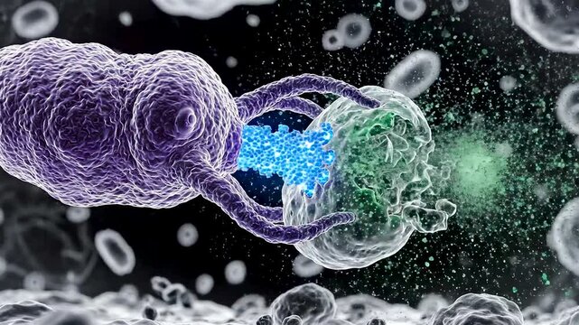 Cytotoxic T Cell Attacking Virus Infected Host Cell In Microscopic Immune Battlefield With Perforin Release Medical Animation