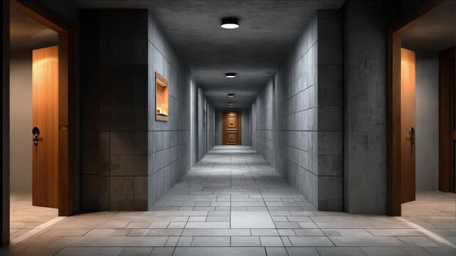 Dimly lit hallway with checkered floor and symmetrical lighting design. Jump Scare Corridor Design, a mysterious and classical ambiance