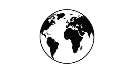 A minimalist black and white illustration depicts earth showcasing continental outlines and oceanic areas in a circular format © nhpvect02