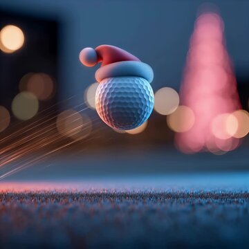 Festive golf concept featuring a golf ball wearing a Santa hat