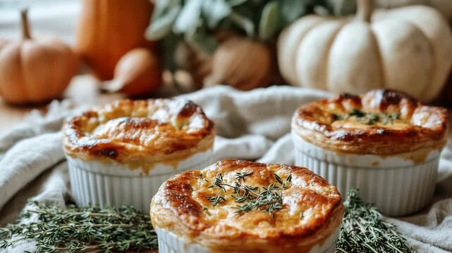 Freshly baked golden pot pies in ramekins on rustic wooden table setting. Individual turkey pot pies in ceramic ramekins with flaky crust, herbs sprinkled, fall-inspired table setup