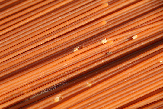 Dry Pasta Infested by Bread Beetles &ndash; Food Storage Pest Damage Close-up