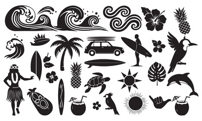 Minimalist Ocean and Desert Vector Illustrations &ndash; Palm Trees, Waves, Cactus, Mountain, and Sunset Icons