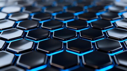 Obraz premium Close-up of a hexagonal grid with blue glowing edges and reflective black surfaces