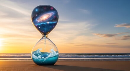Fototapeta premium The cosmic hourglass: a symbolic representation of time and the universe on a tranquil beach at sunset