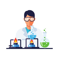Scientist Conducting Experiment with Flasks and Bunsen Burners in Laboratory