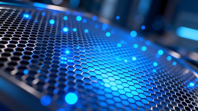 Close-up of a hexagonal mesh surface illuminated with blue light points, suggesting advanced technology or electronic components.