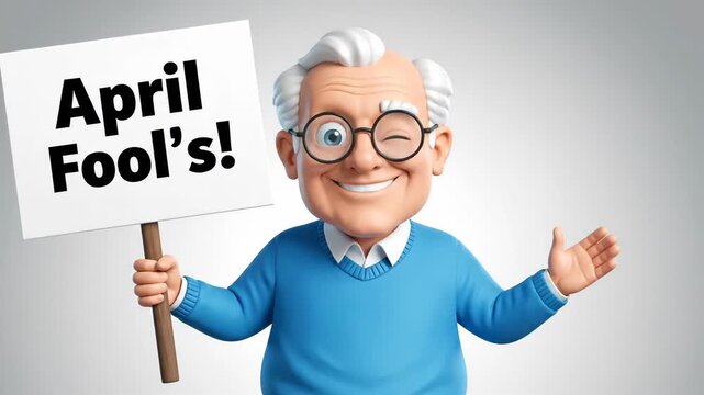 3D animated senior man winking and laughing while holding an April Fool's sign. Cheerful elderly character celebrating April 1st. Humor and prank concept