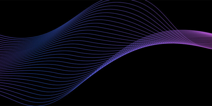 Smooth neon sound wave on black background. Abstract flowing wavy lines design for ai concept, eq equalizer, audio record, voice assistant. Blue pink orange gradient curve stripe wallpaper. Vector