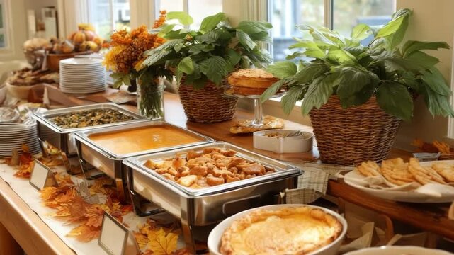 Autumn buffet with comfort food dishes and fall decor on wooden table near window. Buffet table styled for Thanksgiving. Concept of autumn celebration setup